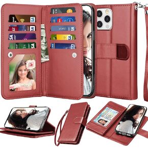 NJJEX Compatible with iPhone 13 Pro Max Case/iPhone 13 Pro Max Wallet Case 6.7" (2021), [9 Card Slots] PU Leather Card Holder Folio Flip [Detachable] Kickstand Magnetic Phone Cover & Lanyard [Black]