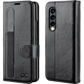 OCASE Galaxy Z Fold 3 5G Wallet Case with S Pen Holder, PU Leather Flip Folio, Card Slots, RFID Blocking, Kickstand - Black