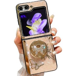 Galaxy Z Flip5 Kickstand Case,Cute Bling Butterfly Floral Elegant Luxury Rhinestone Diamond Shockproof Soft TPU Bumper Cover for Girls Women for Samsung Galaxy Z Flip 5 2023 (Rose Gold)