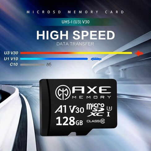 بطاقة ذاكرة AX MEMORY سعة 128 جيجابايت، بطاقة Micro SD بدقة 4K فائقة الدقة للفيديو وسرعة ممتازة MicroSDXC تصل إلى 100 ميجابايت/الثانية A2 V30 UHS-I U3، مع محول SD in Kuwait