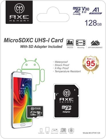 بطاقة ذاكرة AX MEMORY سعة 128 جيجابايت، بطاقة Micro SD بدقة 4K فائقة الدقة للفيديو وسرعة ممتازة MicroSDXC تصل إلى 100 ميجابايت/الثانية A2 V30 UHS-I U3، مع محول SD in Kuwait