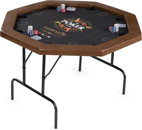 SereneLife 8-Player Octagonal Foldable Poker Table Premium Casino-Grade Design, Brown Felt Surface, Water-Resistant Rail, 8 Cup Holders, Blackjack Board Ideal for Texas Hold'em & Family Fun (Black) in Saudi Arabia