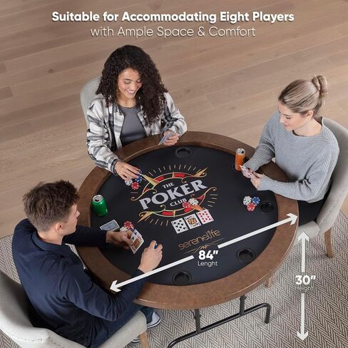 SereneLife 8-Player Octagonal Foldable Poker Table Premium Casino-Grade Design, Brown Felt Surface, Water-Resistant Rail, 8 Cup Holders, Blackjack Board Ideal for Texas Hold'em & Family Fun (Black) in Saudi Arabia