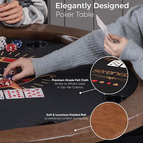 SereneLife 8-Player Octagonal Foldable Poker Table Premium Casino-Grade Design, Brown Felt Surface, Water-Resistant Rail, 8 Cup Holders, Blackjack Board Ideal for Texas Hold'em & Family Fun (Black) in Saudi Arabia