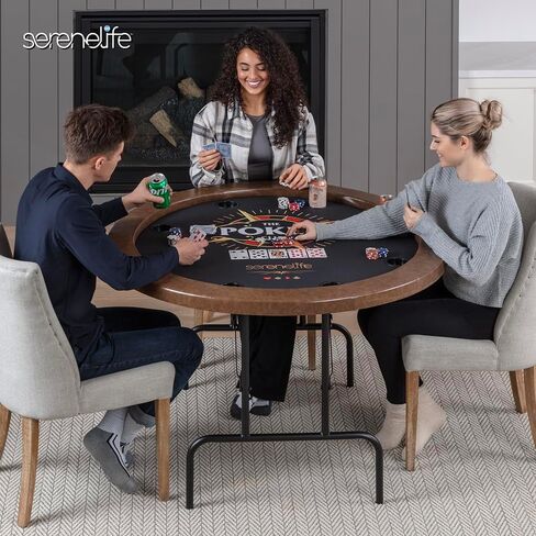 SereneLife 8-Player Octagonal Foldable Poker Table Premium Casino-Grade Design, Brown Felt Surface, Water-Resistant Rail, 8 Cup Holders, Blackjack Board Ideal for Texas Hold'em & Family Fun (Black) in Saudi Arabia