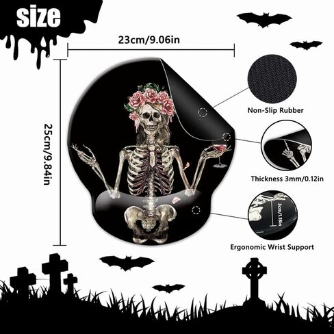 Ergonomic Mouse Pad with Wrist Rest Support, Gothic Skull Skeleton Black Small Mousepad with Non-Slip Pain Relief Rubber Base, Cute Gaming Mouse Pad for Desk Accessories Office Supplies Decor in Saudi Arabia