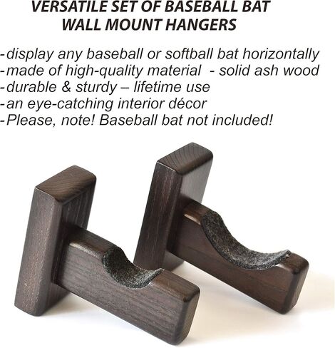 TESLYAR Baseball Softball Bat Rack Wood Felt Liner Wall Mount for Horizontal Display - Solid Ash Tree Hidden Screws Handmade Brown in Kuwait