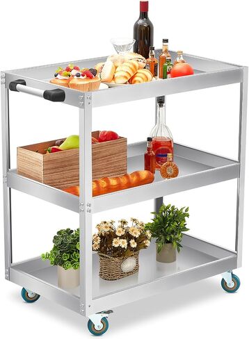 Stainless Steel Utility Cart 35 x 31 x 19 Inches 3 Shelf Mobile Food Rolling Cart with Handle Heavy Duty Metal Cart on Wheels for Kitchen Commercial Restaurant Hospital Laboratory Business in Saudi Arabia