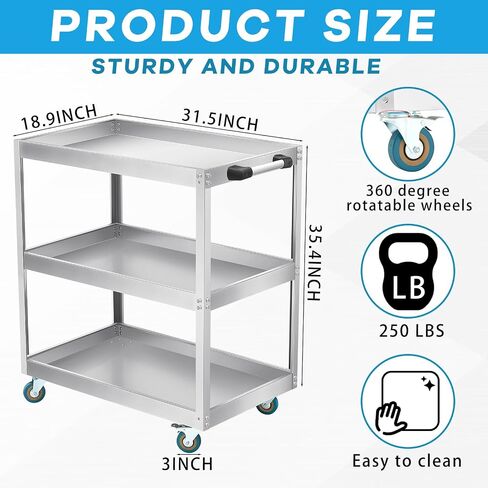 Stainless Steel Utility Cart 35 x 31 x 19 Inches 3 Shelf Mobile Food Rolling Cart with Handle Heavy Duty Metal Cart on Wheels for Kitchen Commercial Restaurant Hospital Laboratory Business in Saudi Arabia