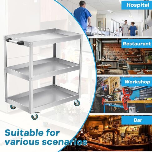 Stainless Steel Utility Cart 35 x 31 x 19 Inches 3 Shelf Mobile Food Rolling Cart with Handle Heavy Duty Metal Cart on Wheels for Kitchen Commercial Restaurant Hospital Laboratory Business in Saudi Arabia