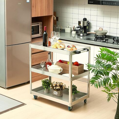 Stainless Steel Utility Cart 35 x 31 x 19 Inches 3 Shelf Mobile Food Rolling Cart with Handle Heavy Duty Metal Cart on Wheels for Kitchen Commercial Restaurant Hospital Laboratory Business in Saudi Arabia