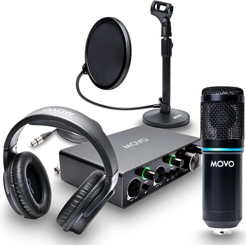 Movo PodPakT Universal Cardioid Condenser Microphone Kit with MDX-1 2x2 Audio Interface with Tabletop Mic Stand and Studio Headphones - Podcast Equipment Set for YouTube, Podcast, Streaming in Saudi Arabia