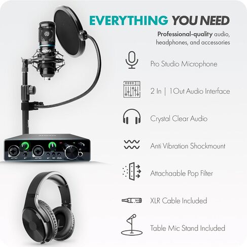 Movo PodPakT Universal Cardioid Condenser Microphone Kit with MDX-1 2x2 Audio Interface with Tabletop Mic Stand and Studio Headphones - Podcast Equipment Set for YouTube, Podcast, Streaming in Saudi Arabia