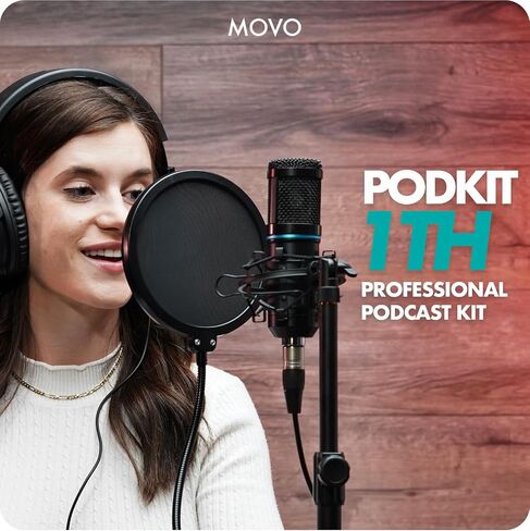 Movo PodPakT Universal Cardioid Condenser Microphone Kit with MDX-1 2x2 Audio Interface with Tabletop Mic Stand and Studio Headphones - Podcast Equipment Set for YouTube, Podcast, Streaming in Saudi Arabia