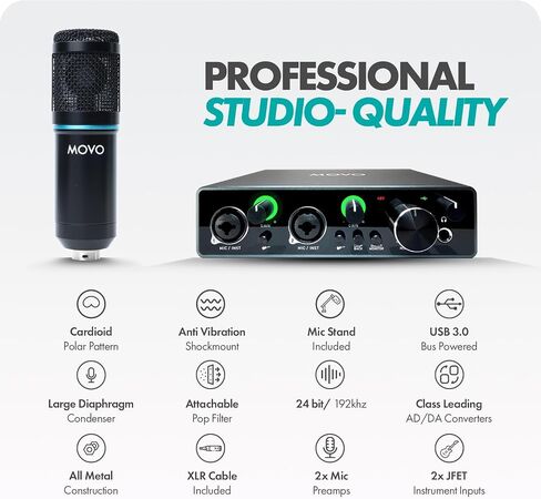 Movo PodPakT Universal Cardioid Condenser Microphone Kit with MDX-1 2x2 Audio Interface with Tabletop Mic Stand and Studio Headphones - Podcast Equipment Set for YouTube, Podcast, Streaming in Saudi Arabia