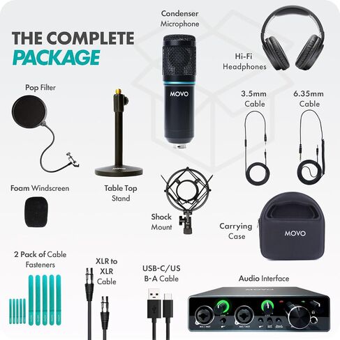 Movo PodPakT Universal Cardioid Condenser Microphone Kit with MDX-1 2x2 Audio Interface with Tabletop Mic Stand and Studio Headphones - Podcast Equipment Set for YouTube, Podcast, Streaming in Saudi Arabia