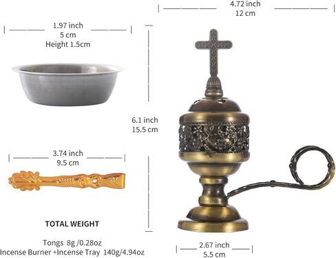 Incense Censer, Bakhoor Burner, Charcoal Incense Burner, Incense Burner with Handle Tongs for Yoga, Spa Aromatherapy Bronze Cross in Saudi Arabia