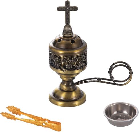 Incense Censer, Bakhoor Burner, Charcoal Incense Burner, Incense Burner with Handle Tongs for Yoga, Spa Aromatherapy Bronze Cross in Saudi Arabia