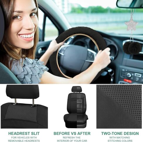 JINGSENCar Seat Cover Full Set for Women with Waterproof Floor Mats,3D Air Mesh Car Seat Cover with 5mm Composite Sponge Inside,Universal Fluffy Steering Wheel Cover,Accessories Full(Purple) in Saudi Arabia