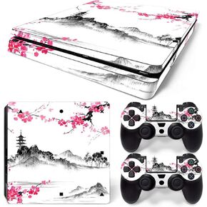 ZOOMHITSKINS Compatible with PS4 Slim Skin, Japan Sakura Cherry Blossom Temple Flower, Durable & Fit, 3M Vinyl, Made in The USA