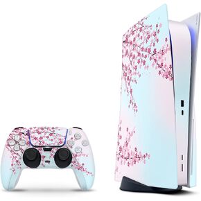 ZOOMHITSKINS Compatible with PS5 Skin, Blue Sakura Cherry Blossom Japan Spring Flower, Durable, Bubble-Free, W/Disk Version, Precisely Cut