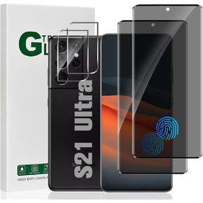 (2+2 Pack) For Galaxy S21 Ultra Privacy Screen Protector, Camera Lens Protector,9H Tempered Glass, 3D Curved, Fingerprint Unlock, High Sensitivity Touch, For Samsung Galaxy S21 Ultra 5G (6.8 Inch)