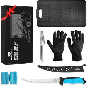 MOSSY OAK Fish Fillet Knife Set, 5 PCS Fish Cleaning Kit Includes 7" Fishing Knife, Non-Slip Fish Fillet Mat, Knife Sharpener, Fish Scaler Remover and Cut Resistant Gloves, Fishing Accessories Gifts