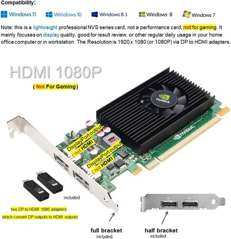 Quadro NVS 310 Dual displayports, with Two DP to HDMI adapters, and Half and Full Size Brackets for Either SFF or Regular Full Size Computer(1 Year Warranty) in Saudi Arabia