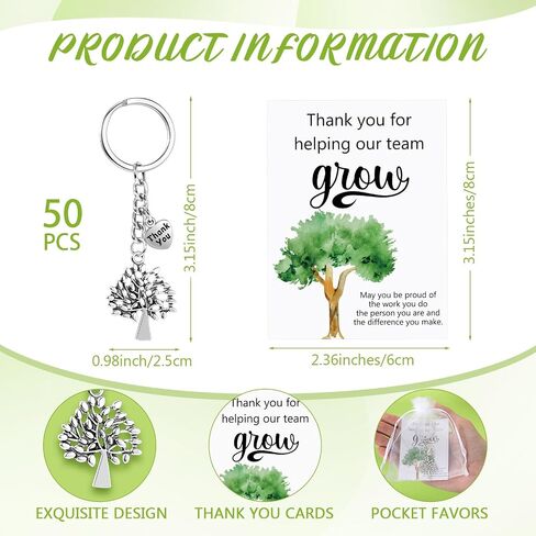 Landical 36 Sets Team Appreciation Gifts Tree Keychains Thank You Card Organza Bag Good Luck Keychain for Employee Coworker in Saudi Arabia