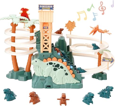 Dinosaur Chasing Race Track Game Set Double Loop Track Slide Toy Climb Stairs Toy Roller Coaster Toy with Music Educational Puzzle Playsets Gift for Toddler Kids Boys Girls Age 3+ in Saudi Arabia