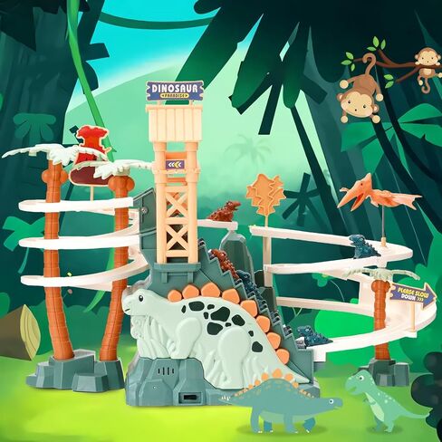 Dinosaur Chasing Race Track Game Set Double Loop Track Slide Toy Climb Stairs Toy Roller Coaster Toy with Music Educational Puzzle Playsets Gift for Toddler Kids Boys Girls Age 3+ in Saudi Arabia