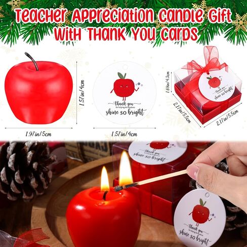 MTLEE 24 Pcs Christmas Gift for Teachers Apple Shape Candle Teacher Appreciation Gift Candles Thank You for Helping The Students Shine So Bright Card End of Year Xmas Candle Gift for Teachers in Saudi Arabia