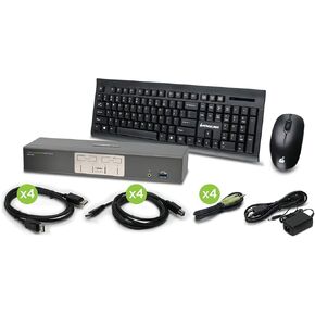 IOGEAR 4-Port 4K UHD DisplayPort Kvmp with Wireless Keyboard and Mouse – w/ Full Set of Cables (GCS1904-KM TAA Compliant)
