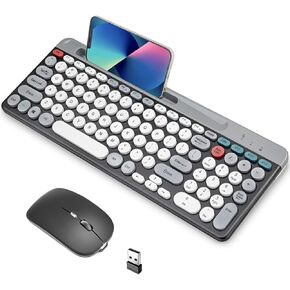 Keyboard and Mouse Combo, Vintage Round Keycaps Keyboard Adjustable DPI Mouse, Bluetooth Keyboard Set for Win7 for OS X for Android