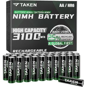 Taken Rechargeable AA Batteries 3100mWh 24-Pack NiMH High Capacity, Double A Batteries Made Using 25% Recycled Content, Recharge up to 2000x Times, Pre-Charged