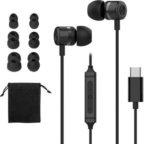 سماعات USB C لـ iPhone 15 16 Pro ، لسماعات الأذن Samsung S20-S20-S23 A53 A54 من النوع C ، وسماعات باس الميكروفون المدمجة في الميكروفون Hi-Fi ، وبراعم الأذن المغناطيسية ذات الأذن المغناطيسية الطويلة 4.9 قدم مع 6 نصائح أذن (أسود)
