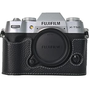X-T50 Case, Handmade Genuine Real Leather Half Camera Case Bag Cover for Fujifilm X-T50 XT50 Bottom Opening Version + Neck Strap (Pink)