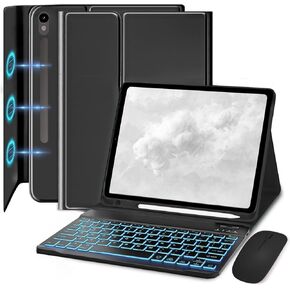 Keyboard Case for Samsung Galaxy Tab S10 FE & S9 FE 10.9 inch/Tab S9 & S8 & S7 11 inch - 7 Color Backlit with S Pencil Holder Keyboard, Slim Folio Case and Mouse (Pink)