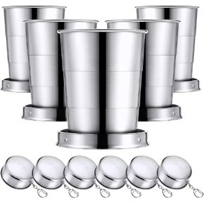 Tessco 6 Pieces Collapsible Shot Glasses Stainless Steel Collapsible Cup Reusable Portable Travel Folding Cup with Lid and Keychain for Camping Hiking Cycling (6 Pcs, 2.5 oz) in Kuwait