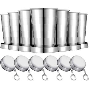 Tessco 6 Pieces Collapsible Shot Glasses Stainless Steel Collapsible Cup Reusable Portable Travel Folding Cup with Lid and Keychain for Camping Hiking Cycling (6 Pcs, 2.5 oz)