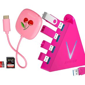 4-Port USB 3.0 Hub, Hot Pink + USB C SD Card Reader, Pink, for iPhone 15, iPad Pro, MacBook, Galaxy S20-S24