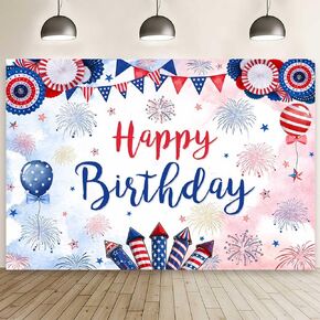 MEHOFOND 7x5ft 4th of July Happy Birthday Backdrop Independence Day Firecracker Birthday Photography Background Red White and Blue Patriotic Independence Day Bday Banner Cake Smash Photo Props