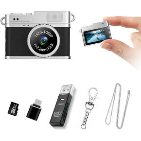KOOMTOOM Keychain Camera,1080P Retro Digital Camera with 32GB SD Card,Card Reader,OTG Adapter 0.96'' Mini Photocamera Photo Video Recorder for Students/Kids(Red)