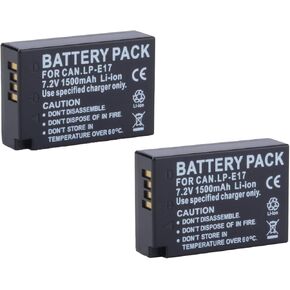 2-Pack LP-E17 Large Capacity Battery for Canon EOS R100 R50 R10 R8 RP, Rebel T8i T7i T6i T6s, SL2 SL3, EOS M3 M5 M6, 77D 200D 250D 750D 760D 800D 8000D Camera 1500mAh