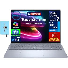 Dell 16 AI Business 2-in-1 laptop 16.0 "شاشة تعمل باللمس wuxga (Intel Ultra 7-256V ، 16GB LPDDR5X ، 2TB PCIE SSD ، Backlit KB ، Photeprint ، WiFi 7 ، Webcam ، Win 11 Home) W/DKZ USB Porter.