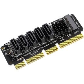 PH56+1U PCIE3.0 M.2 M Key X4 X8 X16 to 5Ports SATA III Expansion Card 6Gbps with LED Indicator Compatible with JMB585 Support 1U Chassis