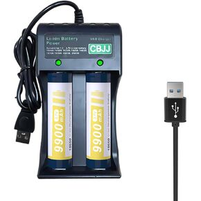Smart Battery Charger with 18650 Rechargeable Battery Flat Top, Universal Smart Charger for 3.7V Lithium Battery 21700 14500 16340 (2 Bay Battery Charger)