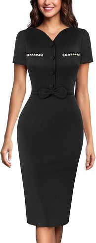 VFSHOW Womens Wear to Work Office V Neck Buttons Bowknot Fitted Business Bodycon Dress in Kuwait