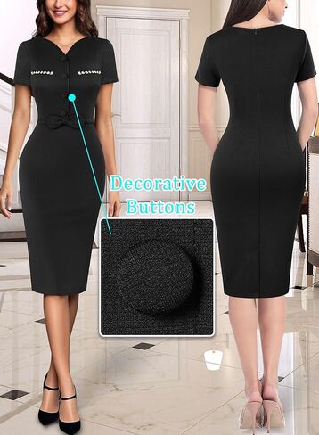 VFSHOW Womens Wear to Work Office V Neck Buttons Bowknot Fitted Business Bodycon Dress in Kuwait
