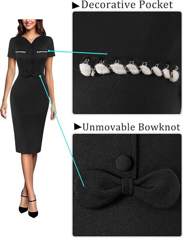 VFSHOW Womens Wear to Work Office V Neck Buttons Bowknot Fitted Business Bodycon Dress in Kuwait